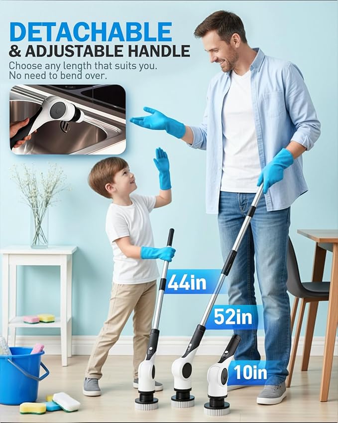 Electric Spin Scrubber with 10 Replaceable Brush Heads, IPX7 Waterproof Shower Scrubber with Long Handle, 3-Speed Adjustable Bathroom Scrubber Electric with Rotating Cleaning Brush