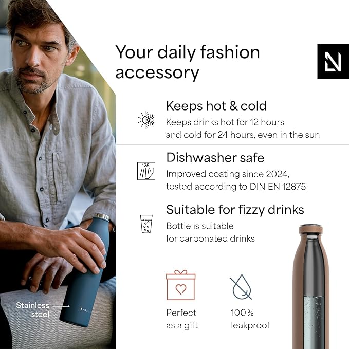 LARS NYSØM Stainless Steel Insulated Water Bottle 12oz 17oz 25oz 34oz 51oz | Insulated Thermo Flask for Hot and Cold Beverages | Leakproof Drinking Bottle (Mocha Brown, 33.9 oz)
