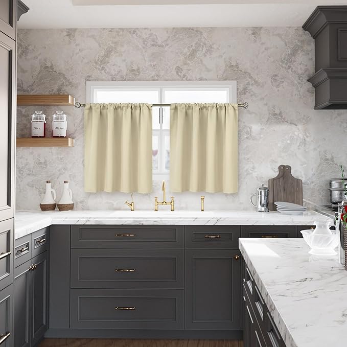 BGment Beige Blackout Curtains 40 Inches Long for Kitchen Window - Short Thermal Insulated Drapes with Rod Pocket Darkening Privacy for Basement Cafe Bedroom, 42 x 40 Inch, 2 Panels