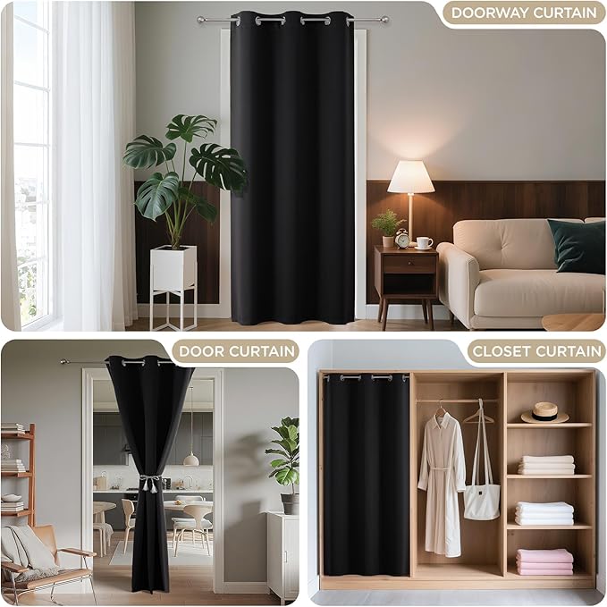 Joydeco Blackout Door Curtain for Doorway Privacy 72 Inches Long, Grommet Closet Curtain for Open Closet, Room Divider for Bedroom Living Room (Black, 52Wx72L, 1 Panel)