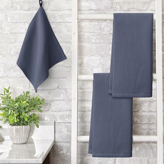 Artoid Mode 100% Cotton Dark Grey Waffle Weave Kitchen Dish Cloths, 13x28 Inch Ultra Soft Absorbent Quick Drying Kitchen Dish Towels Set of 4