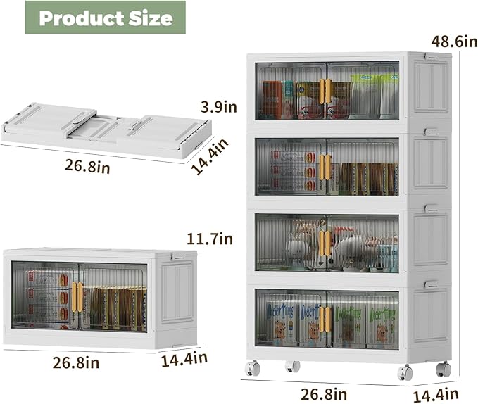 80Gal Stackable Plastic Storage Bins with Lids, Collapsible Closet Organizers and Storage with Wheels for Living Room,Office,Dorm 26.8" W x 14.4" D x 48.6" H, 4 Tier