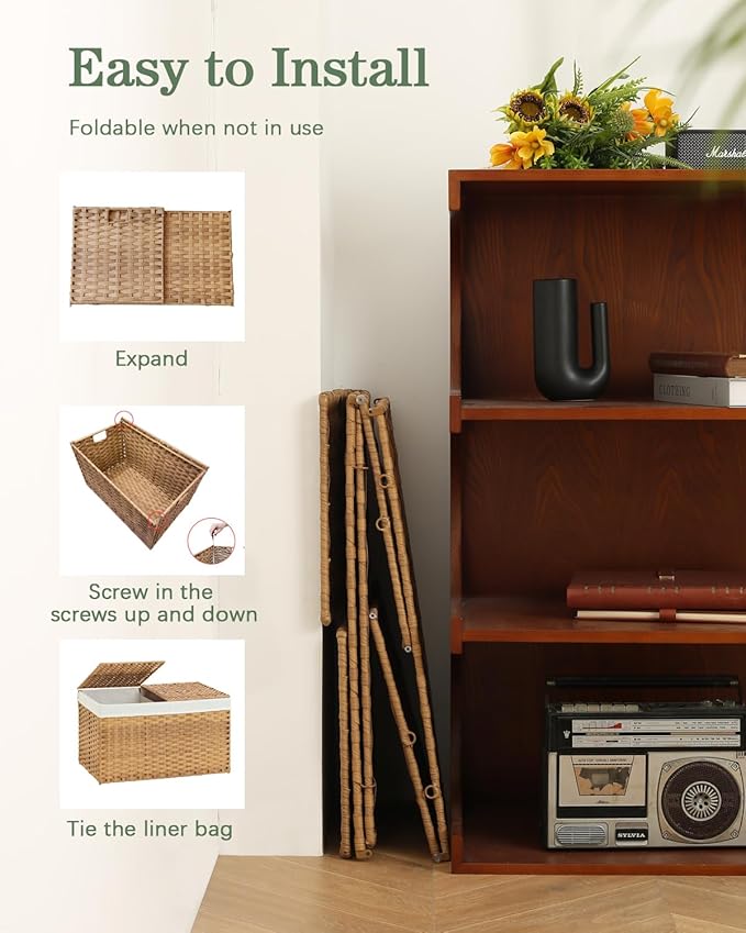 Storage Basket with Lid Wicker Baskets for Storage with 2 Separate Lid 42.3 Gallon (160 L) 29.9 x 17.3 x 18.1 Inches Rattan Woven Large Wicker Basket with 2 Liners for Bedroom Laundry Natural