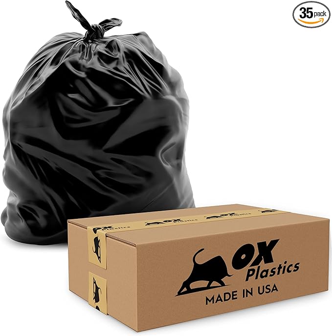 Ox Plastics 60 Gallon Trash Can Liners Bags - 35 Count Capacity & 4mil Thick Extra Heavy Duty Strength -Large Garbage, Leak-Proof & Durable Bag Black