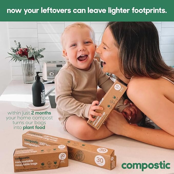Compostic Home Compostable Resealable Snack Bags (6"x 3.5"), Microwave & Freezer Safe, Organic Food Storage Container, 100 Count