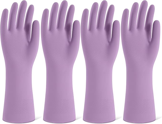 Rubber Cleaning Gloves for Dishwashing, 4 Pairs Reusable Kitchen Gloves for Washing Dishes and Household Cleaning, Purple Dish Gloves with Flocked Lining and Non-Slip Grip, Pefect for Woman Men - S