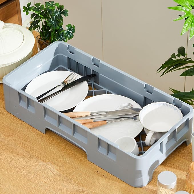 Commercial Dishwasher Tray Rack Polypropylene Full Size Flatware Rack for Bowls Plates Knives Forks Cups (19.7 x 9.84 x 1.97 Inch,Gray)