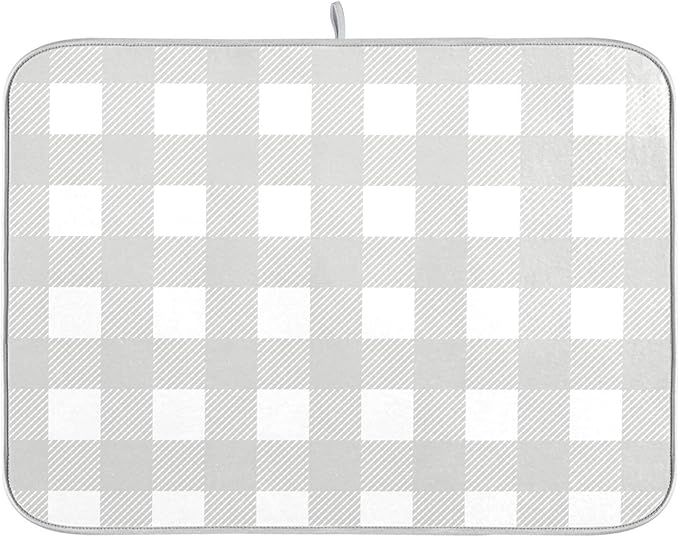Buffalo Plaid Gray White Dish Drying Mat for Kitchen Countertop 16x18 Chessboard Rectangle Small Drying Mat Reusable Quick Dry Dish Sink Absorbent Mats Dishwasher Easy Clean Decorative Home Essentials