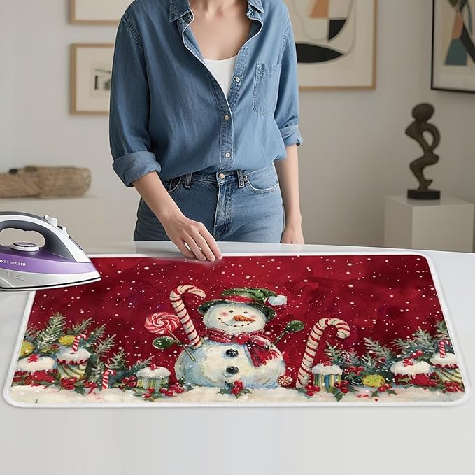 Ironing Mat Christmas Portable Iron Pad Magnetic Cover and Padding for Top of Washer, Dryer, Tabletop, Countertop,Travel Small Size Snowman Ironing Pads 32 x 16 Inch
