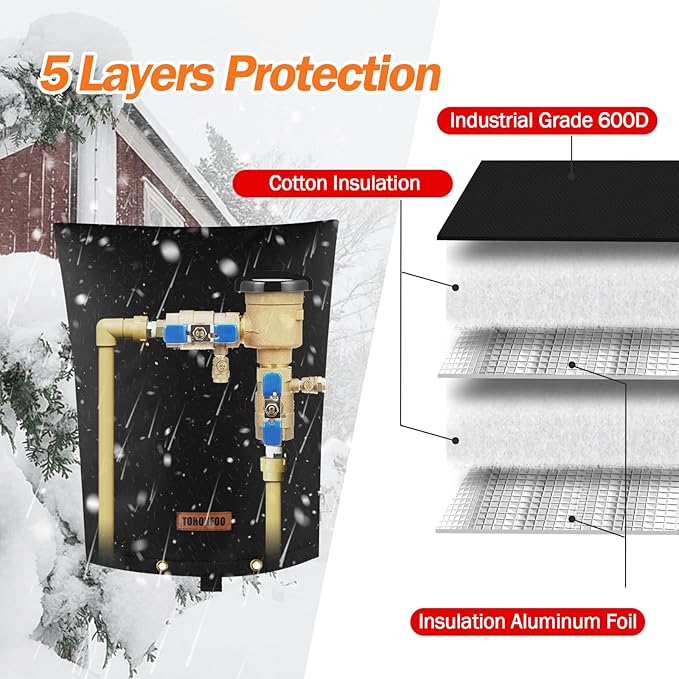 TOHONFOO Backflow Preventer Pipe Insulation Cover (5°F) - Irrigation Sprinkler Valve Insulated Pouch - Water Well Pump Cover - Sturdy 5 Layers for Winter Freeze Protection, 16" W x 20" H, Black