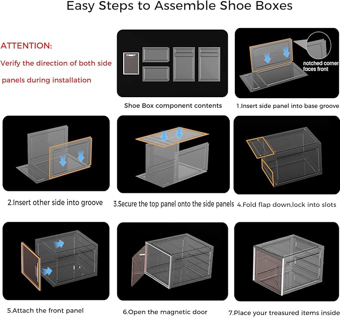 X-Large Stackable Shoe Boxes - Clear Plastic Shoe Storage Boxes with Magnetic Door, Thicken Shoe Organizer for Closet, Space Saving Foldable Shoe Containers Bins for Sneaker Boot - 6 Pack(White)