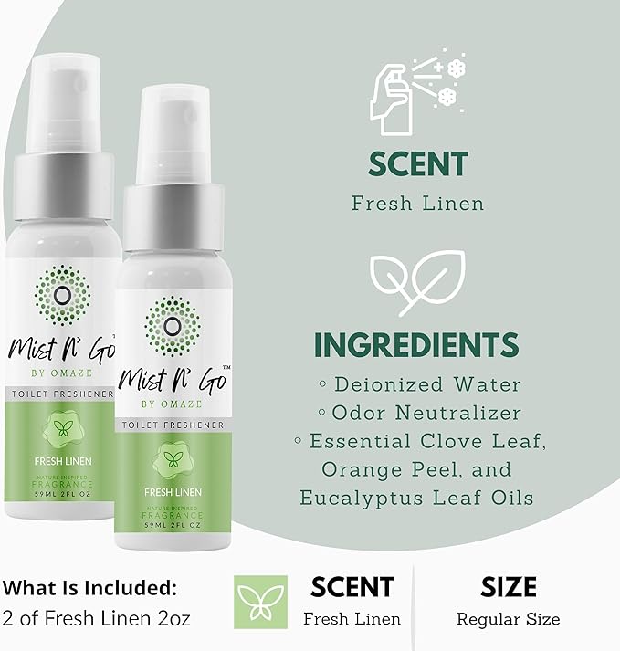 Mist N’ Go by Omaze Travel Bathroom Spray for Toilet Spray Odor Eliminator - Travel Toilet Spray for Bathroom Air Freshener Spray for Bathroom Deodorizer - Fresh Linen Regular Size (2oz x2)