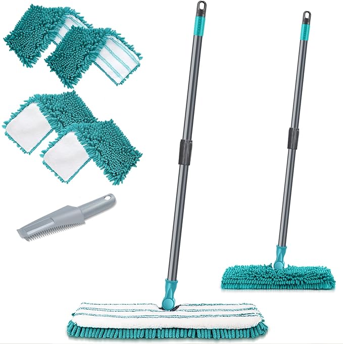 MASTERTOP Microfiber Flat Mop, Double-Sided Dust Mop with 4 Wet & Dry Pads, Floor Mop with Extension Stainless Steel Handle for Cleaning Hardwood, Vinyl, Laminate