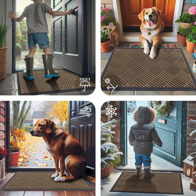 Smiry Front Door Mat Outside Entrance, Heavy Duty Outdoor Indoor Natural Rubber Doormat, Non Slip, Trap Dirt and Moisture, Easy Clean, Low Profile Patio Porch Entryway Mat, 47x32, Brown