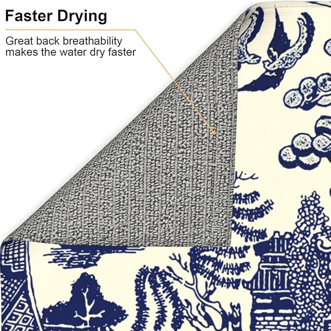 Dish Drying Mat For Kitchen Counter Absorbent Dish Mat Reversible Drainer Drying Kitchen Mat (Oriental Style Chinese Blue Willow, 16"x18")