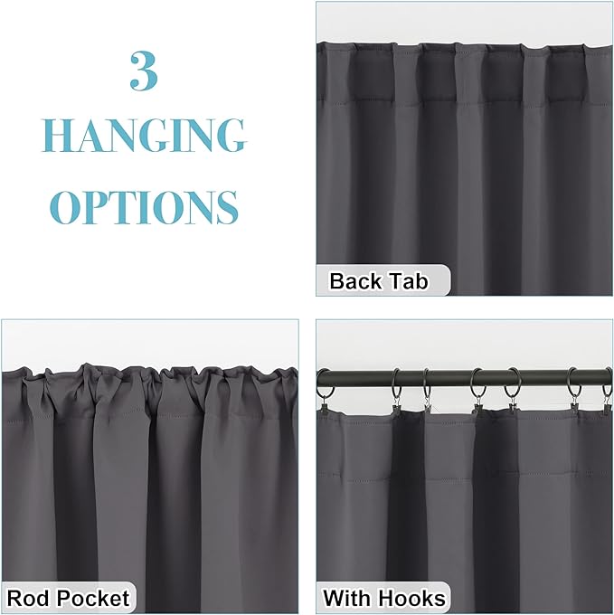 RYB HOME Blackout Grey Curtains - Thermal Insulated Window Treatments Long Panels, Back Tab Top, Privacy Curtains for Bedroom Dining, 42 Wide x 72 Long, Gray, Set of 2