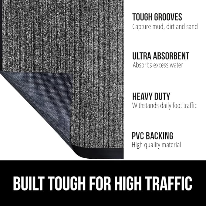 GORILLA GRIP Traffic Guard Door Mat, 2 Pack, Heavy Duty Waterproof Doormat, Commercial Office Space Welcome Mats, Stain and Fade Resistant, Low Profile, Strong Rubber Backing, 29x17, Gray