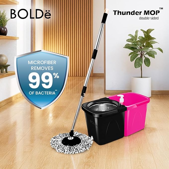 Thunder Mop Spin System - 2 Compact Stackable 6L Buckets, Microfiber Head, Stainless Steel Wringer, Antifungal Quick-Dry Cleaning, Soap Dispenser, 3 Free Refills (Yellow/Blue)