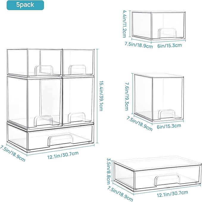 Vtopmart Stackable Storage Drawers Set of 5, Clear Plastic Organizer Bins for Beauty Supplies,Ideal for Vanity, Bathroom,Cabinet,Pantry Organization