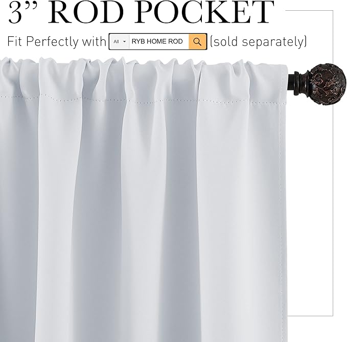 RYB HOME Small Curtains for Kitchen Window - Blackout Privacy Portable Curtain Set for Bedroom Office Bathroom Basement Garage Storage Enclosure RV Bunk, W 34 x L 30 inch, Greyish White, 2 Pcs