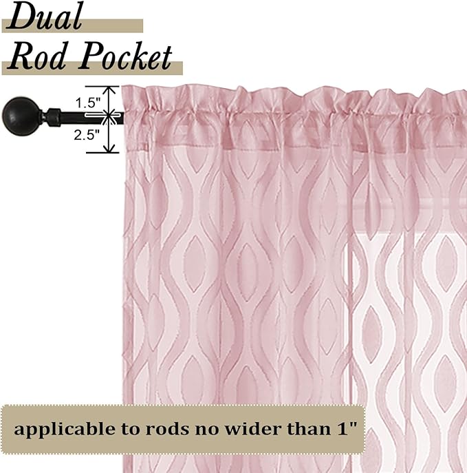 Aiyufeng Sheer Pink Curtain 45 Inch Length 2 Panels Set, Farmhouse Clip Jacquard Textured Short Window Curtains, Lightweight Chic Wavy Line See Through Curtains for Bedroom, 40" Wx45 L Inches