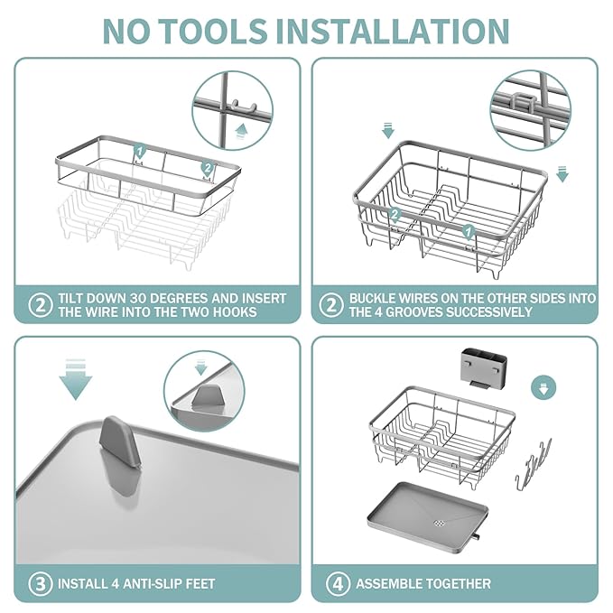 Dish Drying Rack for Kitchen Counter, Large Dish Racks with Drainboard, Kitchen Sink Dish Strainer Rack, Countertop Dish Drainer Rack with Cup & Utensil Holders, Dish Dryer Rack Large Size Gray