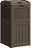 YESHOMY 33 Gallon Resin Outdoor Trash Can with Lid, Hideaway Waterproof Patio Garbage Bin, Brown