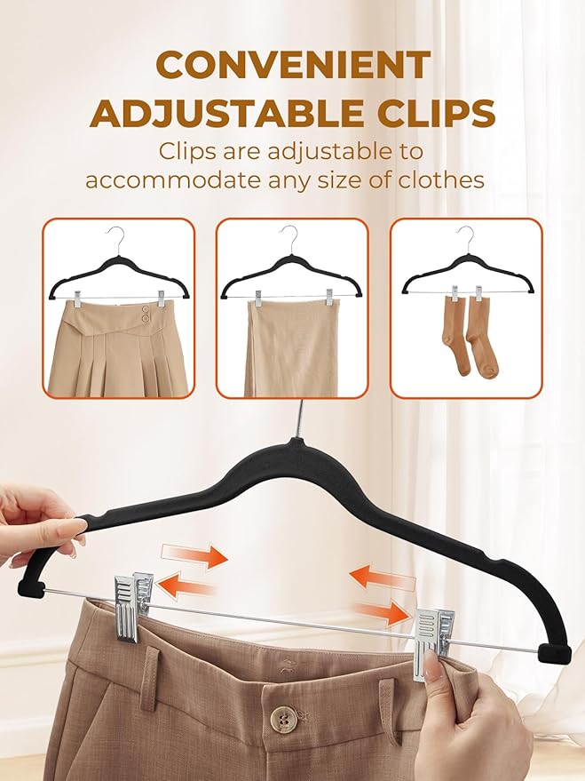 HOUSE DAY Black Velvet Skirt Hangers 48 Pack, Pant Hanger with Adjustable Clips, Space Saving Non Slip Clip Hangers for Pants, Skirts, Shorts