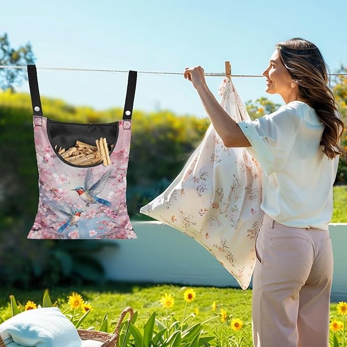 2 Pcs Pin Bag, Hummingbird Print Clothes Pin Hanging Bag Clothespin Storage Organizer with Large Opening Storage Organizer Space-Saving Laundry Hanging Bag
