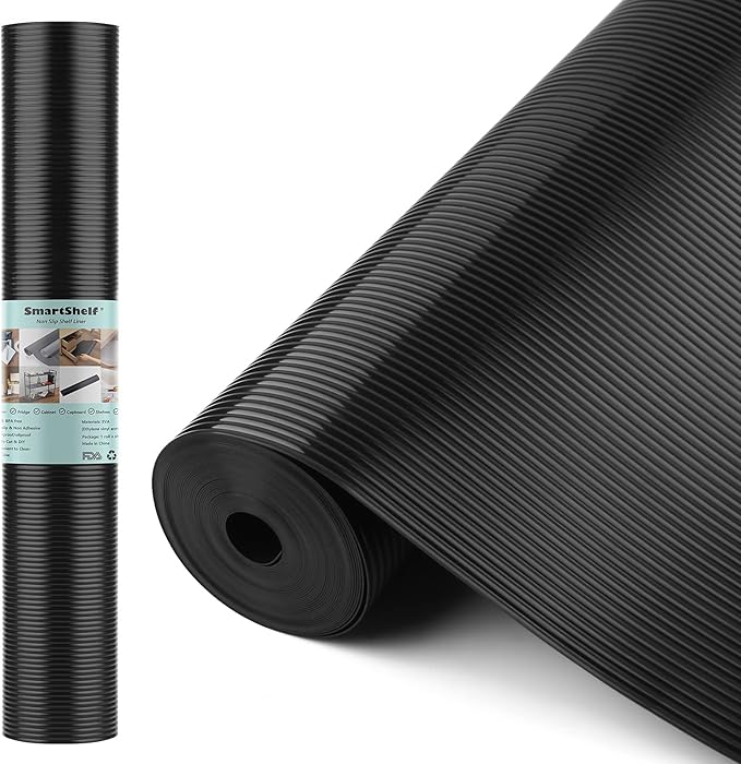 Shelf Liners for Kitchen Cabinets Non Adhesive Drawer Liner EVA Material Cupboard Mat Refrigerator Mats Washable Fridge Liner for Cabinet, Storage and Desks 17.3 x 157.4 Inches Black