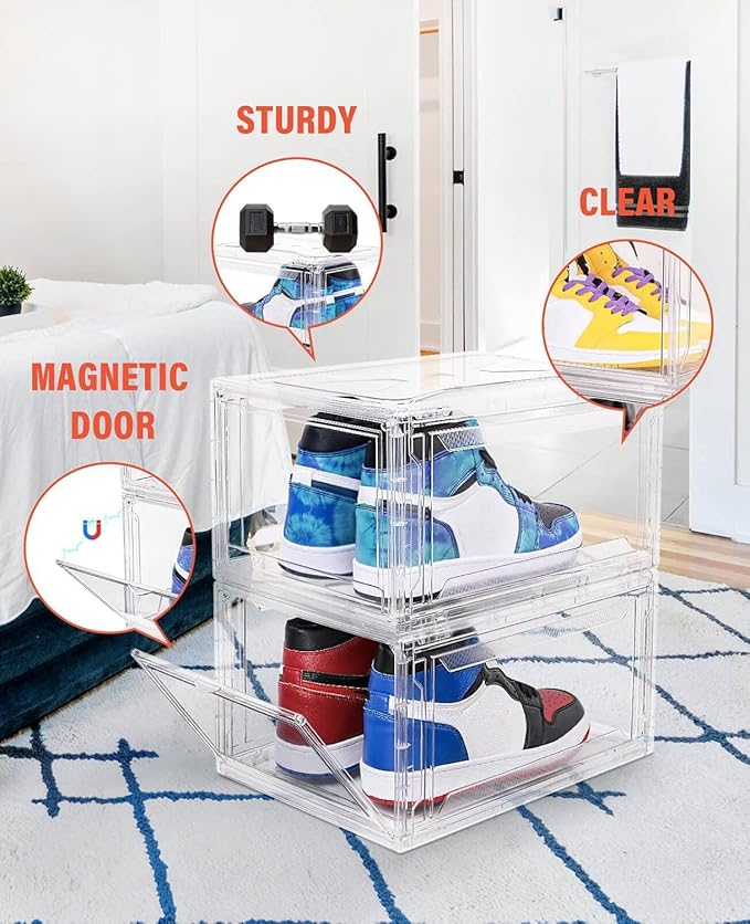 Clear Shoe Boxes Stackable 10 Pack Shoe Storage for Sneakerheads, Front Opening Shoe Organizer, Magnetic Door, Strong and Sturdy Fit for Large Size Shoes 14.96 x 10.24 x 7.87 inches