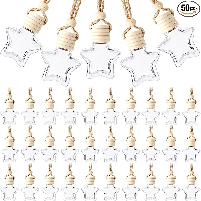 BBTO 50 Pcs Hanging Car Air Freshener Car Diffuser Bottles Empty Glass Perfume Bottle Freshener Diffuser Bottle Pendant for Essential Oil Fragrance Aromatherapy Bottle Ornament(Star)