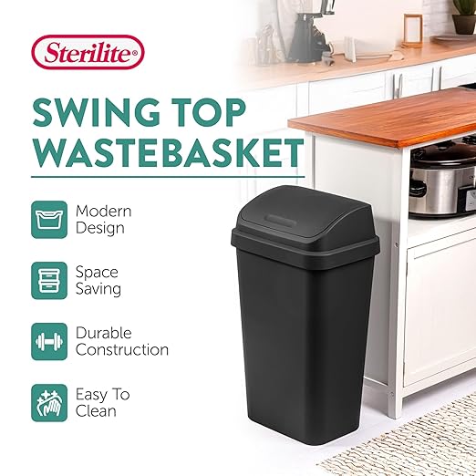 Sterilite 12-Pack Swing Top Wastebasket, Sleek Square Profile Trash Can, 13 Gallon, Black - Modern Garbage Bin for Kitchen, Bathroom, Garage and Workspace, Fits 13 Gal Liners