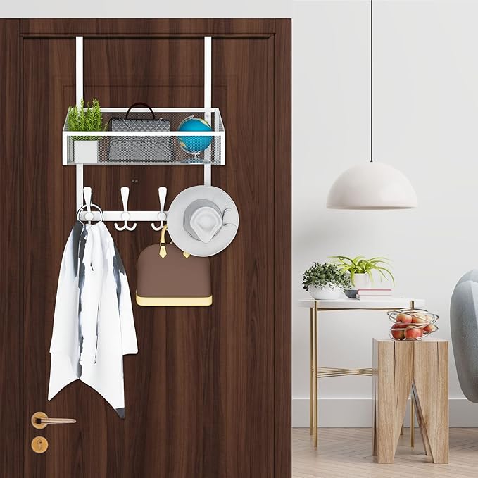 Over The Door Hooks Organizer, Coat Rack Over The Door Storage Hanger Towel Rack, Back of Door Storage Organizer for Bathroom,Bedroom,Kitchen,Office (White 2-Tier)