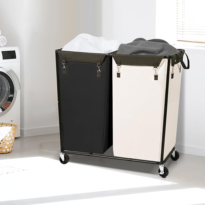 STORAGE MANIAC Commercial Laundry Hamper with Heavy Duty Steel Frame, 74 Gal. Industrial Laundry Basket Cart with Wheels for Hotel, Home, Laundry Room, Big Large Clothes Sorter, 2 Section Beige/Black