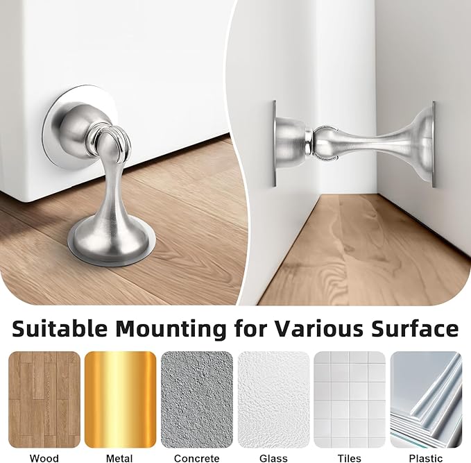 Probrico Brushed Nickel Magnetic Door Stoppers for Bottom of Door, Stainless Steel Magnet Door Catch Door Stops to Keep Door Open, Heavy Duty Door Holder, Wall and Floor Mounting, 4 Pack
