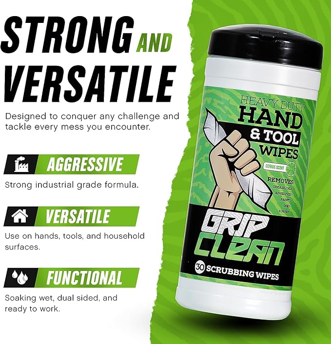 Grip Clean Heavy Duty Hand & Tool Cleaning Wipes – Waterless Hand Cleaner for Mechanics, Garage & Shop Use – Dual-Sided Grease, Oil & Paint Remover Wipes with Citrus Scent - 72ct