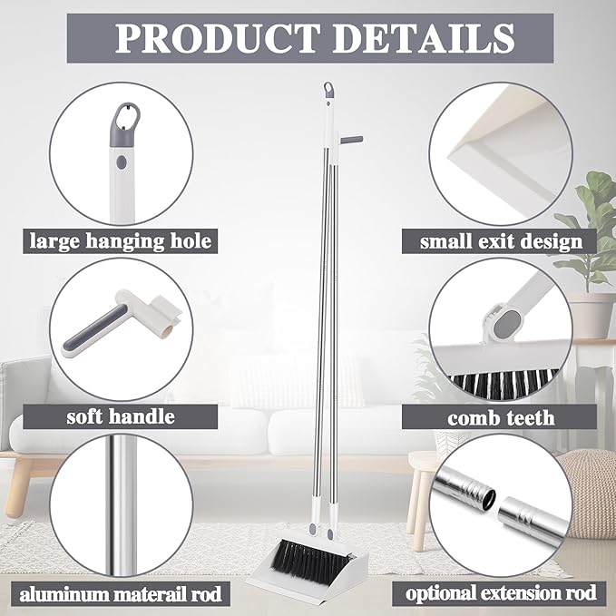 Suclain 4 Set 8 Pcs Broom and Dustpan Set 47 Inch Long Handle Brooms for Sweeping Indoor Household Dustpans for Indoor Outdoor Kitchen Floor