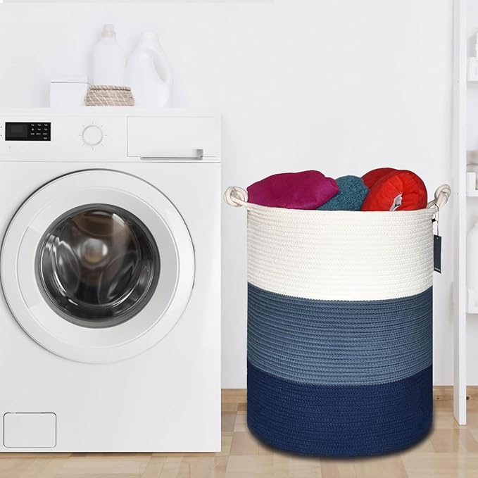 COMSE Extra Large Blanket Basket, Tall Woven Storage Basket, Nursery Hamper, 15.7”x 21.7”, Cotton Rope Laundry Hamper for Toys Clothes Towels, White/Cadet Blue/Navy Blue
