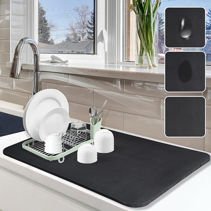 Dish Drying Mat for Kitchen Counter, 16"x24" Dish Drying Pad with Non-slip Rubber Backed, Hide Stain Anti Absorbent for Kitchen Counter, Drying Mat for Coffee Machine Dish Rack (Black)