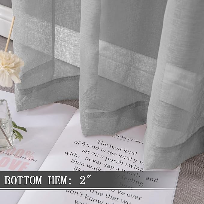 Tollpiz Short Sheer Curtains Linen Textured Living Room Curtain Sheers Light Filtering Rod Pocket Voile Curtains for Bedroom, 42 x 45 inches Long, Silver Grey, Set of 2 Panels
