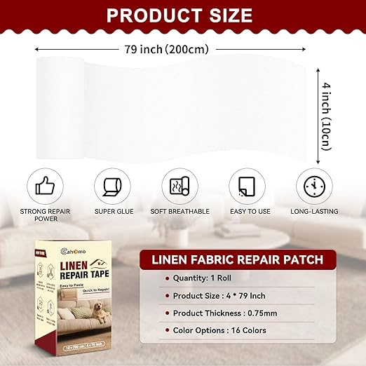 Linen Repair Tape 4x79 inch, Self Adhesive Fabric Patches, Linen Patch Tape Kit, Fabric Repair Tape for Couch Sofas, Headboards, Chairs, Pillows, Curtains, Couches - White