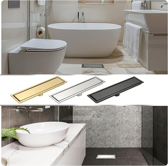uxcell Rectangular Shower Drain, Brushed 304 Stainless Steel Odor-Proof Floor Drain Linear Shower Drain Hair Catcher for Bathroom Kitchen and Laundry Room(16 Inch, Brushed Silver)
