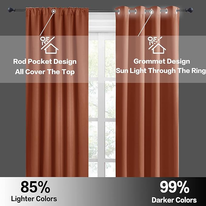 RYB HOME Blackout Curtains for Living Room, All Lights Blocking Rod Pocket Design Thermal Insulated Privacy Curtains Draperies for Bedroom Guest Room Playroom, W 42 x L 72 inch, 2 Panels, Burnt Orange