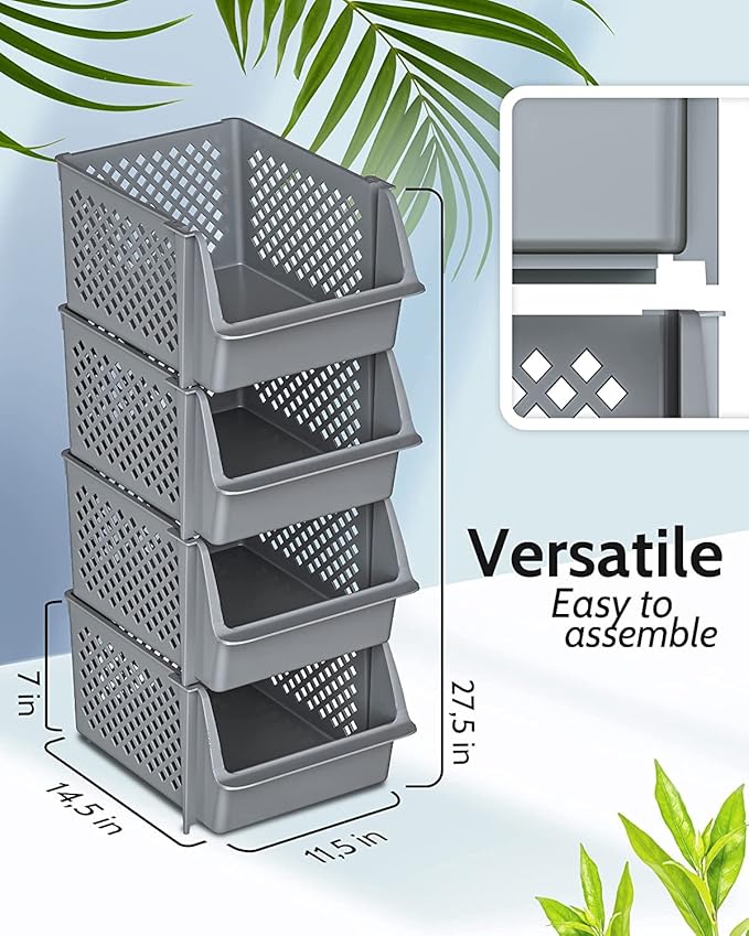 TidyFriend Plastic Stackable Bins for Pantry, 8 Pack Large Stacking Bins Open Front Kitchen, and Bathroom Organization, Open Front Design (Grey)