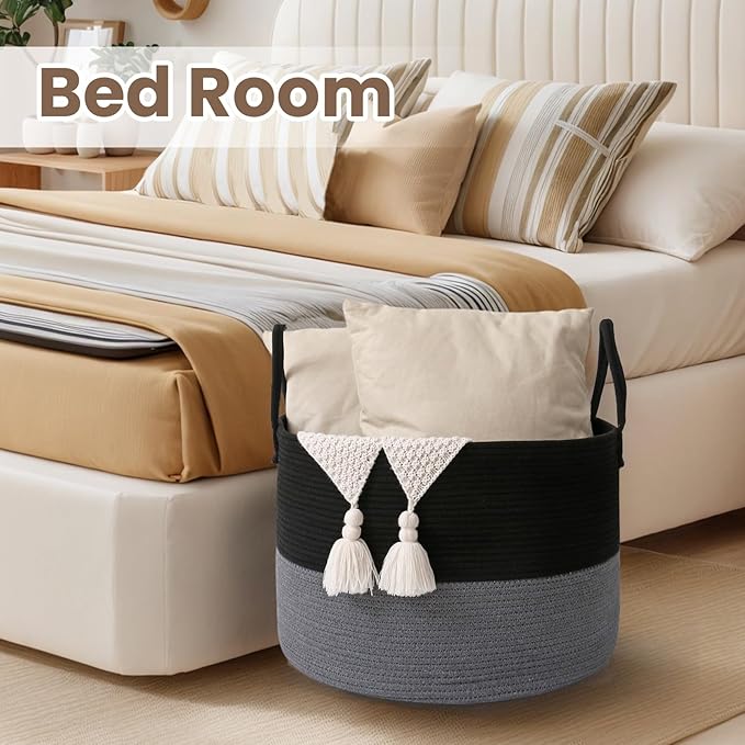 Woven Blanket Basket,115L Large Rope Storage Bin with Handles, Organizer for Blankets Toys Book and Clothes, Laundry Basket for Living Room Bedroom Nursery,Black&Grey