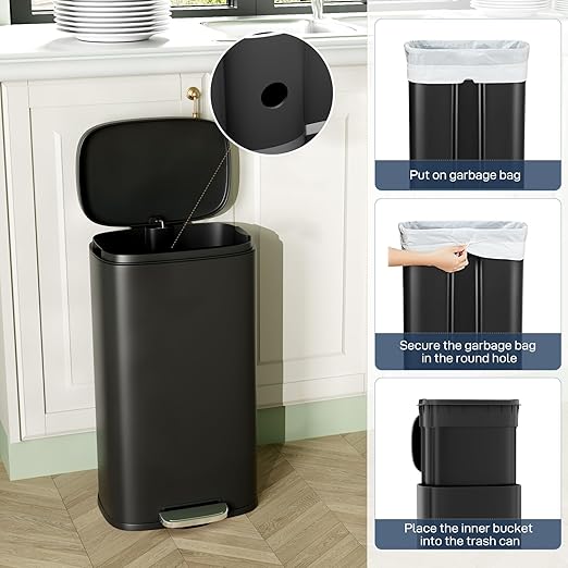Arlopu 8 Gallon Step Trash Can, Stainless Steel Garbage Bin, Soft-Close Rubbish Bin with Removable Plastic Inner Bucket, Fingerprint-Proof, Lid Dustbin, Suit for Kitchen Home (Black, 30L)