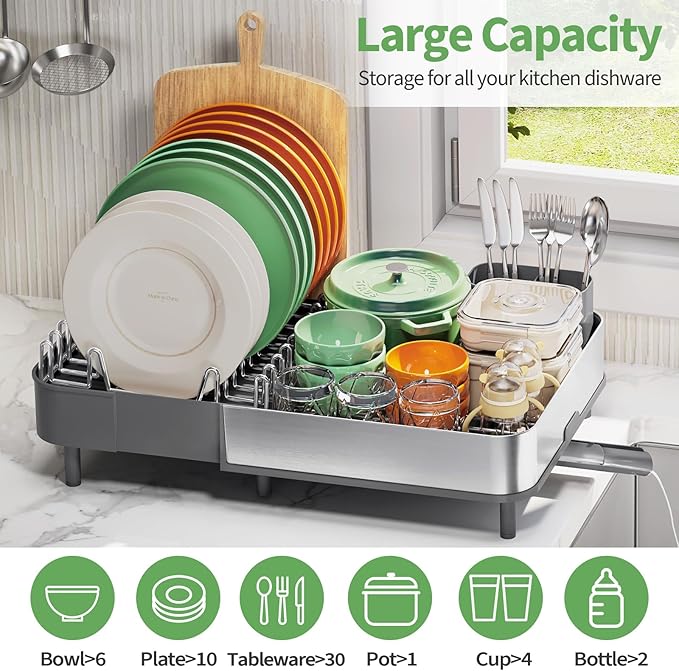 Expandable Dish Drying Rack,Foldable 304 Stainless Steel Dish Rack with Dual Parts, Extendable Dish Drainer Rack for Kitchen Counter, Dish Drying Rack with Cutlery Holder Gray