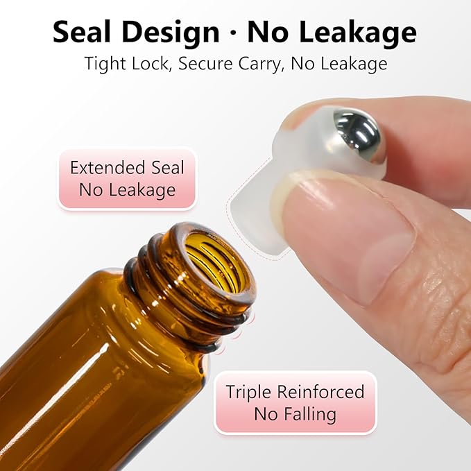 KEYWING 54 Pack Empty Essential Oil Roller Bottles – 10ml Amber Glass Roll-On Bottles with Stainless Steel Roller Balls & Caps, Refillable Perfume Containers for DIY & Travel