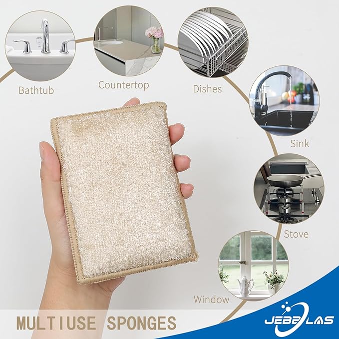 JEBBLAS 8Pack Bamboo Natural Kitchen Sponges Dish Sponge Cleaning Sponge Heavy Duty Scrub Sponge for Cleaning Kitchen and Household Pink